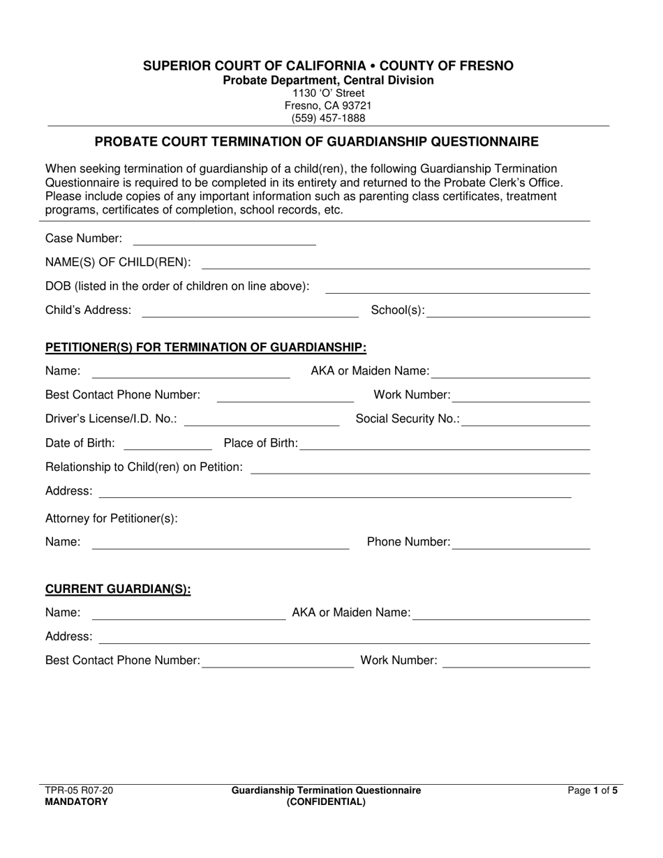 Form TPR-05 Guardianship Termination Questionnaire - County of Fresno, California, Page 1
