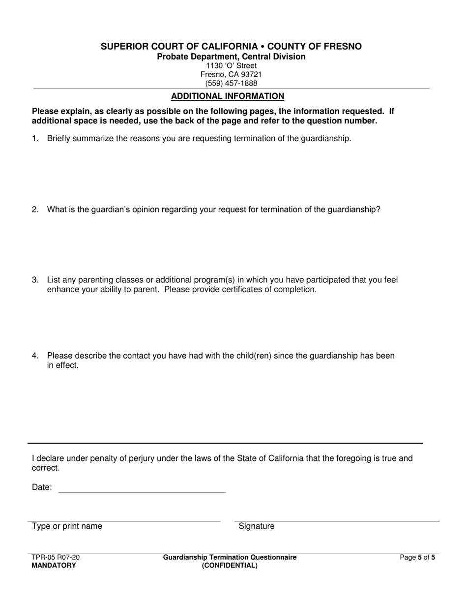 Form TPR-05 Guardianship Termination Questionnaire - County of Fresno, California, Page 5
