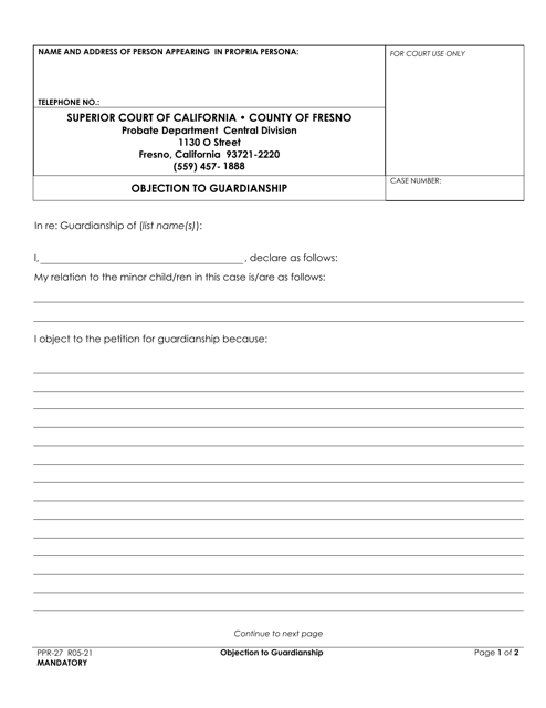 Form PPR-27 Objection to Guardianship - County of Fresno, California