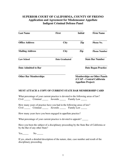 Application and Agreement for Misdemeanor Appellate Indigent Criminal Defense Panel - County of Fresno, California Download Pdf