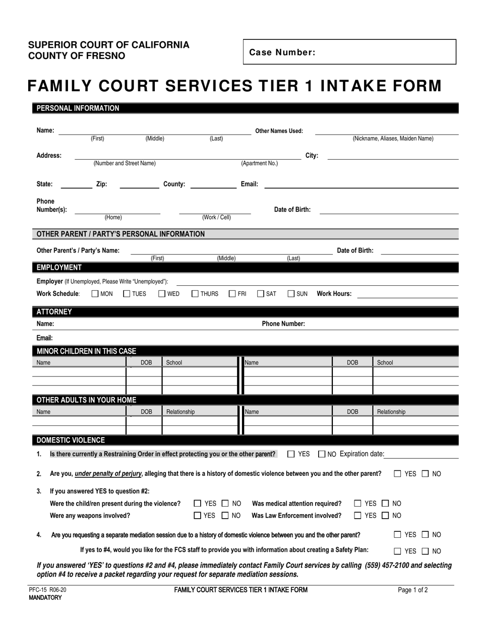 Form PFC-15 Family Court Services Tier 1 Intake Form - County of Fresno, California, Page 1