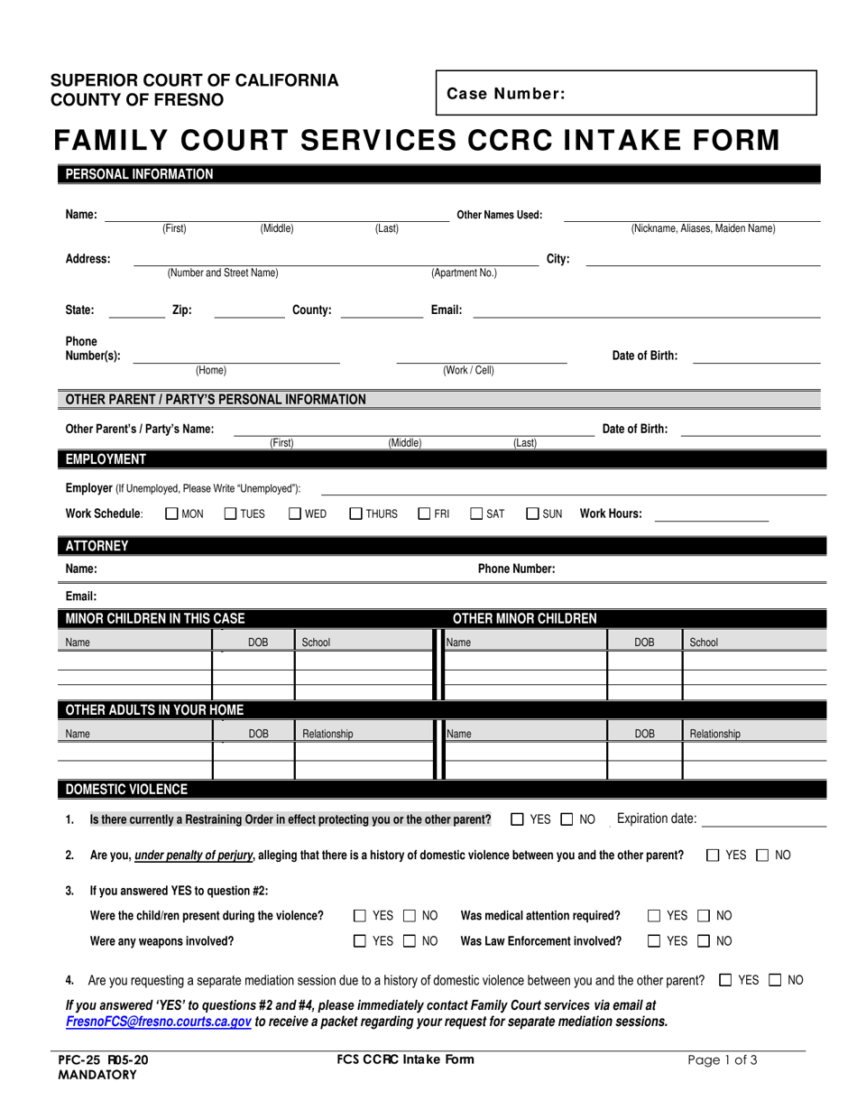 Form PFC-25 Family Court Services Ccrc Intake Form - County of Fresno, California, Page 1