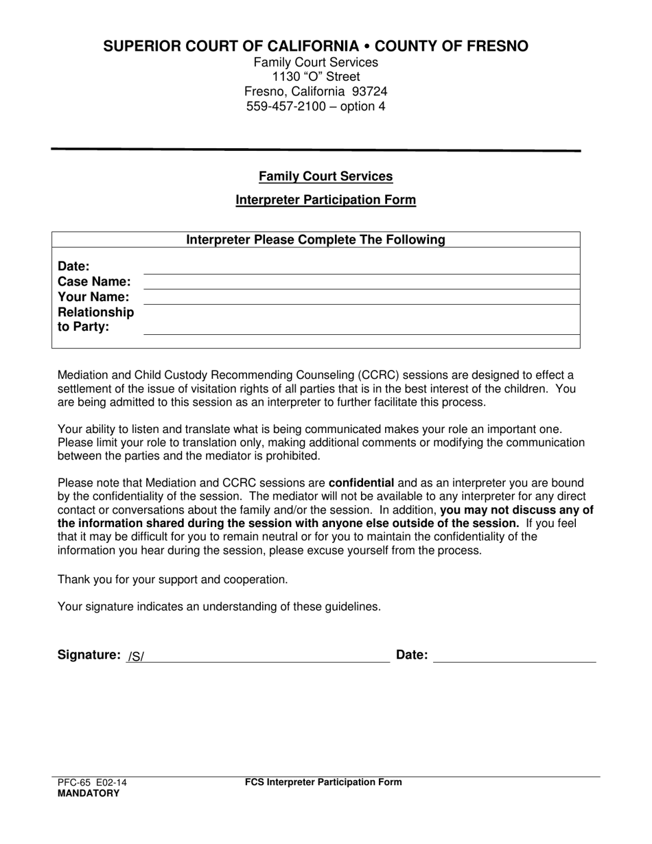 Form PFC-65 Interpreter Participation Form - County of Fresno, California, Page 1