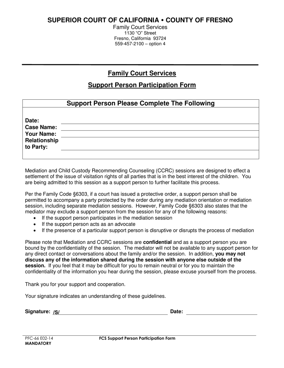 Form PFC-66 Support Person Participation Form - County of Fresno, California, Page 1