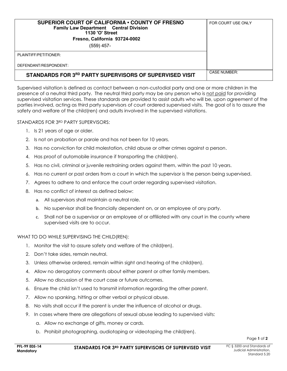 Form PFL-99 Standards for 3rd Party Supervisors of Supervised Visit - County of Fresno, California, Page 1