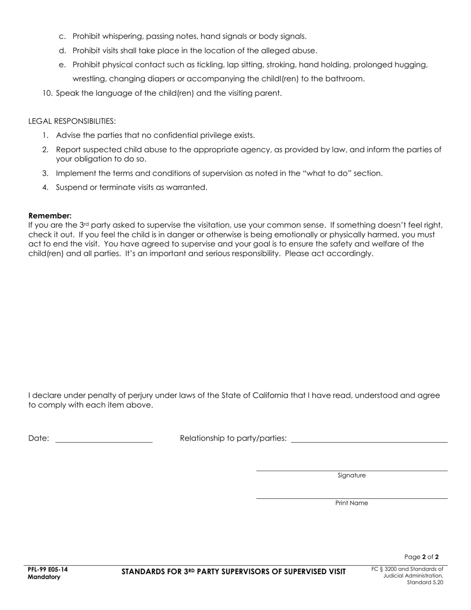 Form PFL-99 Standards for 3rd Party Supervisors of Supervised Visit - County of Fresno, California, Page 2