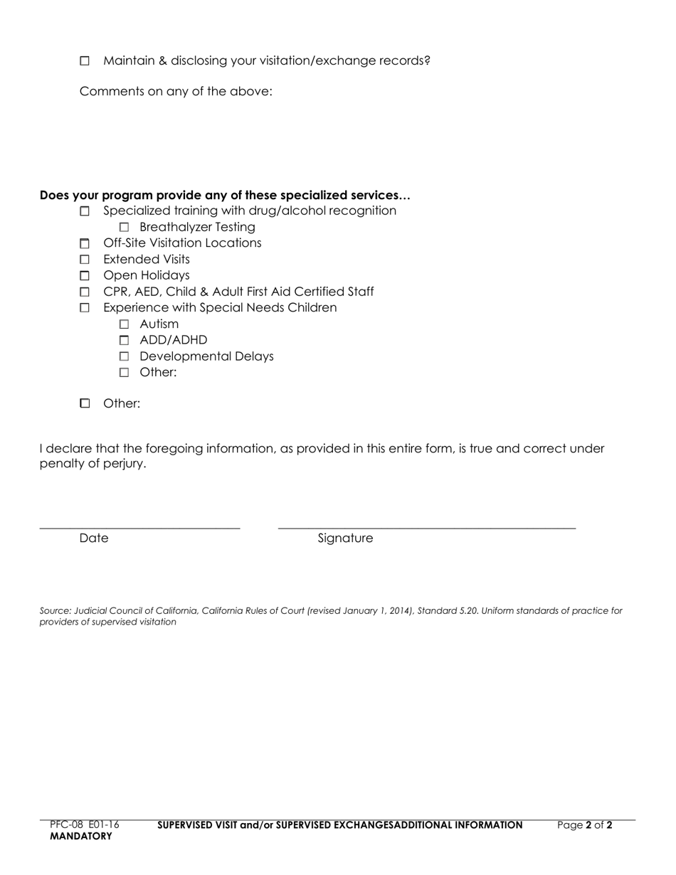 Form PFC-08 Supervised Visit and / or Supervised Exchanges Additional Information - County of Fresno, California, Page 2