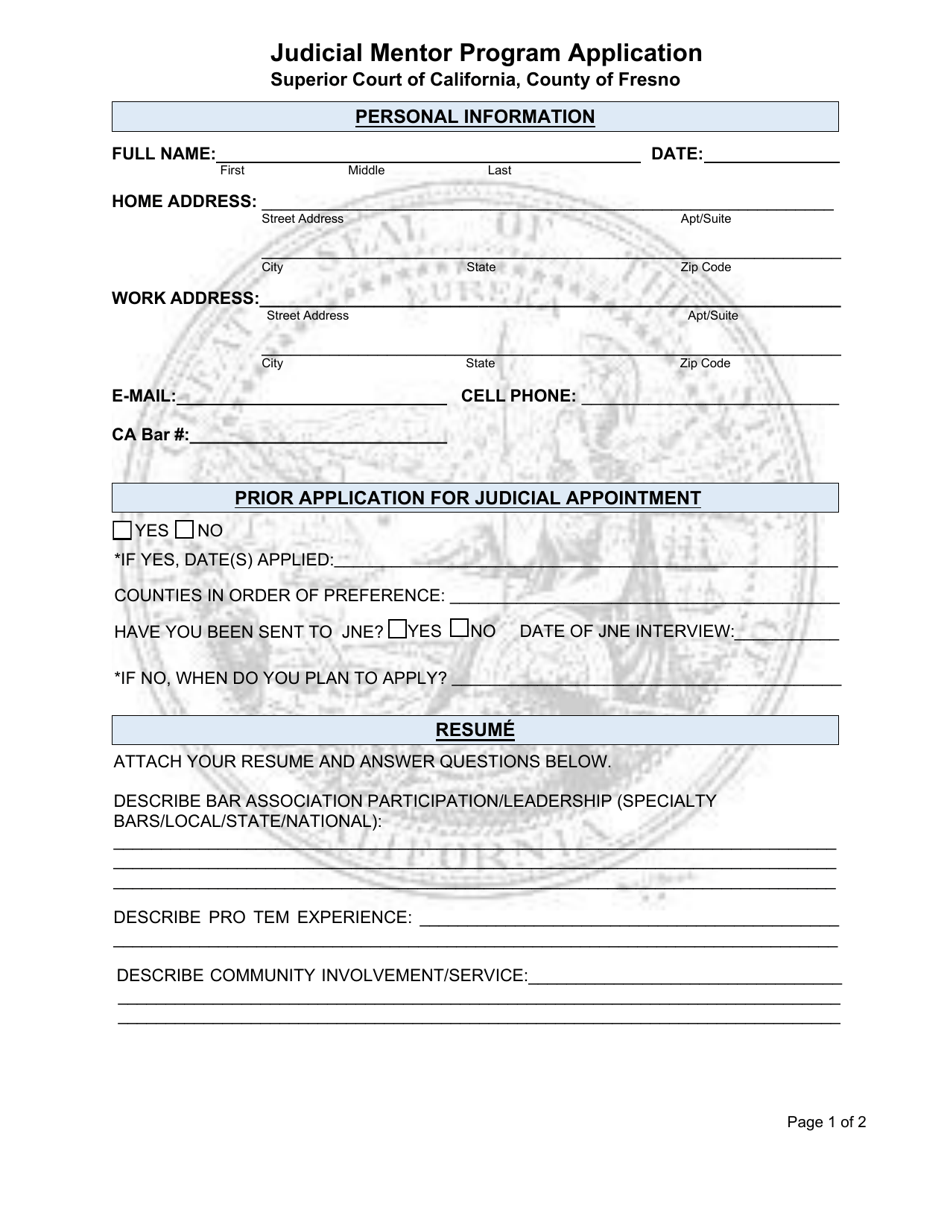 Judicial Mentor Program Application - County of Fresno, California, Page 1