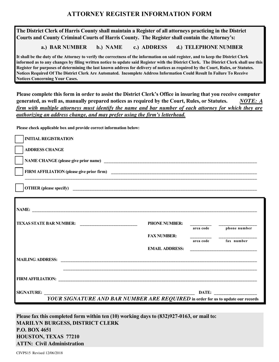 Form CIVPS15 Attorney Register Information Form - Harris County, Texas, Page 1