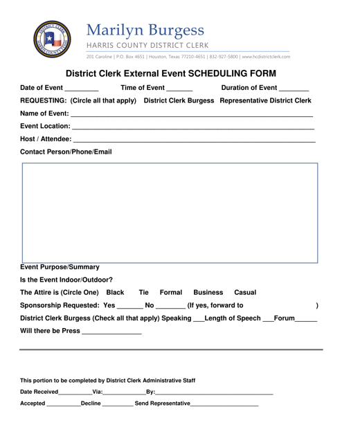District Clerk External Event Scheduling Form - Harris County, Texas Download Pdf