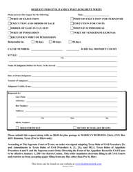 Document preview: Request for Civil/Family Post Judgment Writs - Harris County, Texas