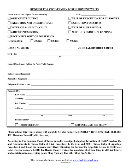 Request for Civil / Family Post Judgment Writs - Harris County, Texas Download Pdf