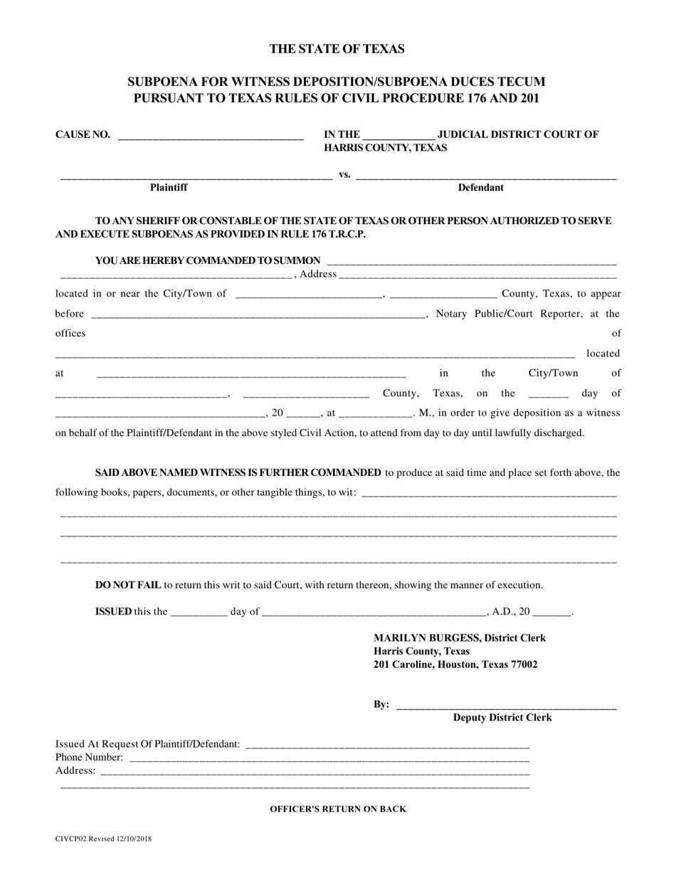 Form CIVCP02 Subpoena for Witness Deposition / Subpoena Duces Tecum Pursuant to Texas Rules of Civil Procedure 176 and 201 - Harris County, Texas, Page 1