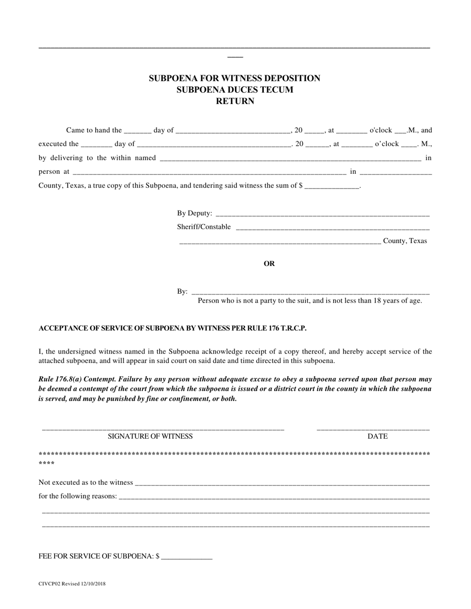 Form CIVCP02 Subpoena for Witness Deposition / Subpoena Duces Tecum Pursuant to Texas Rules of Civil Procedure 176 and 201 - Harris County, Texas, Page 2