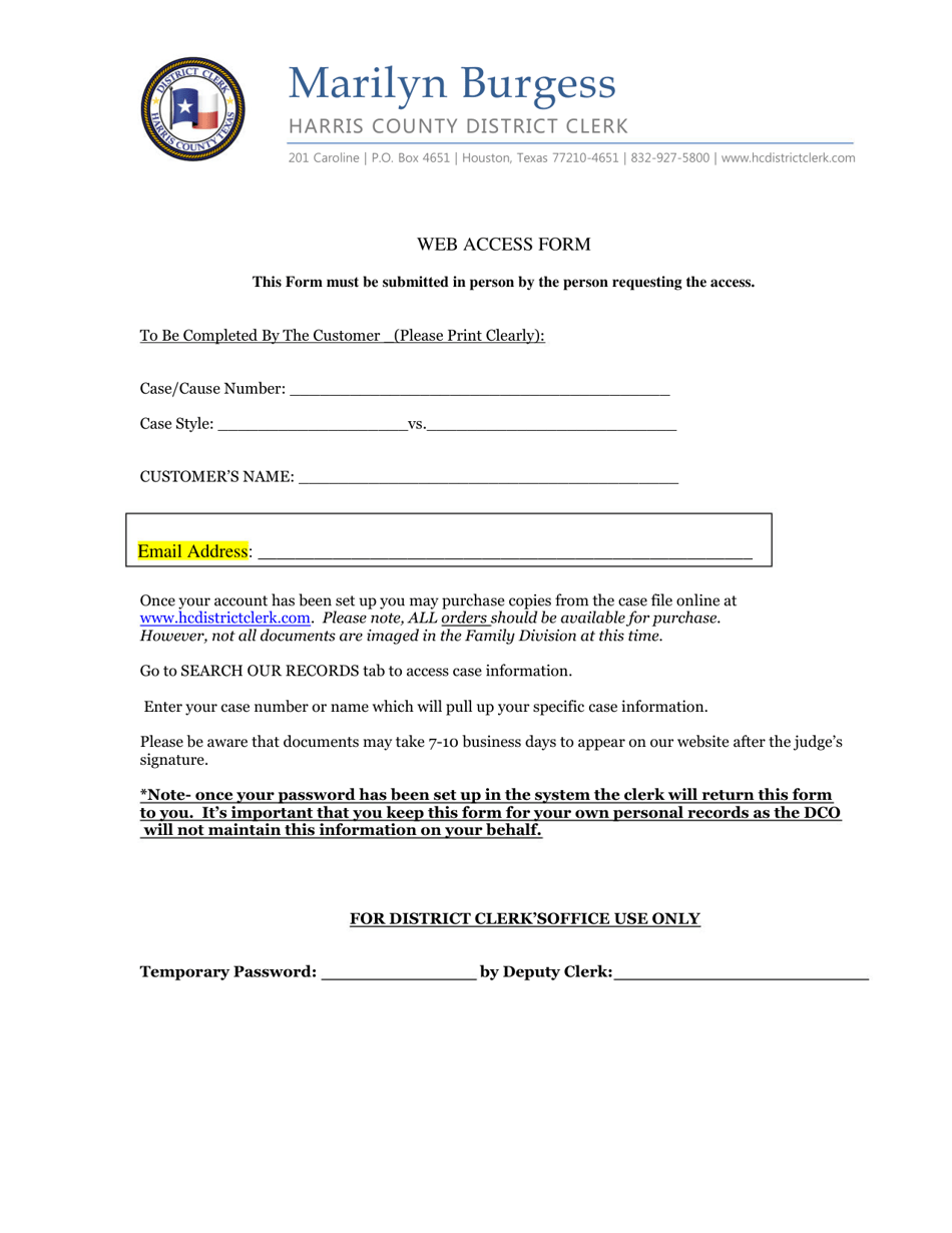 Web Access Form - Harris County, Texas, Page 1