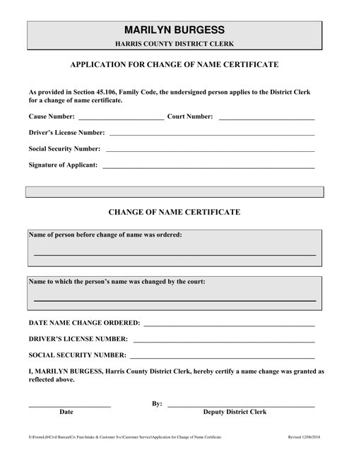 Application for Change of Name Certificate - Harris County, Texas Download Pdf