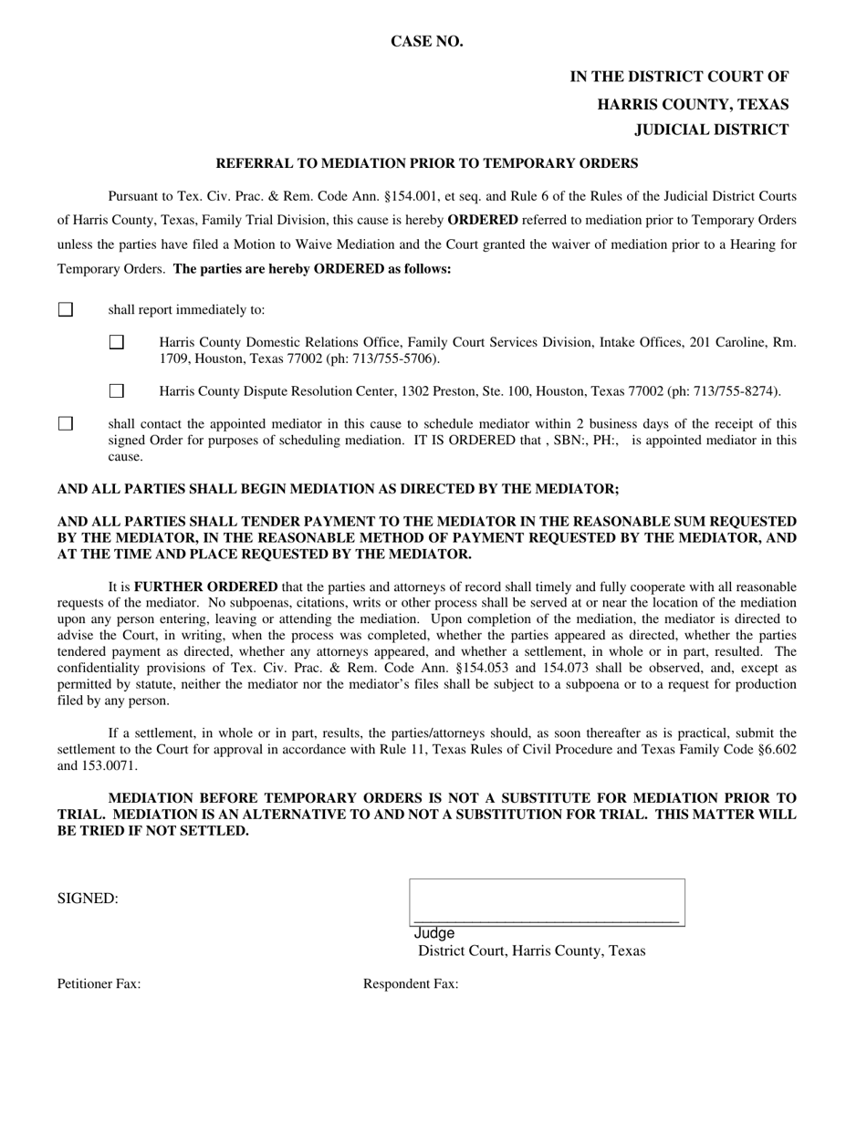 Referral to Mediation Prior to Temporary Orders - Harris County, Texas, Page 1