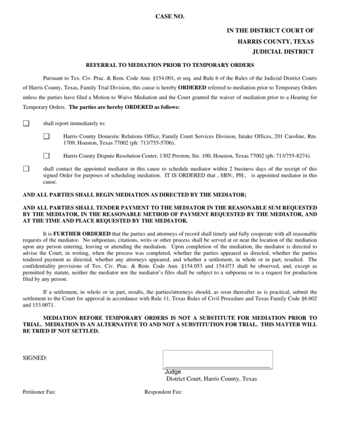Referral to Mediation Prior to Temporary Orders - Harris County, Texas Download Pdf