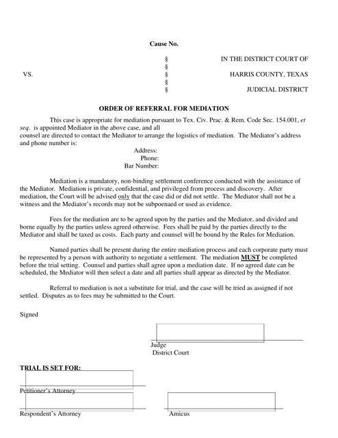 Order of Referral for Mediation - Harris County, Texas Download Pdf