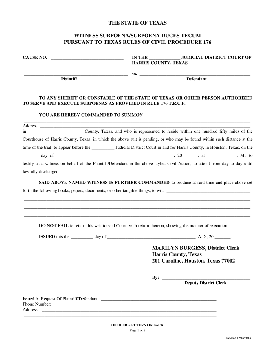 Witness Subpoena / Subpoena Duces Tecum - Harris County, Texas, Page 1