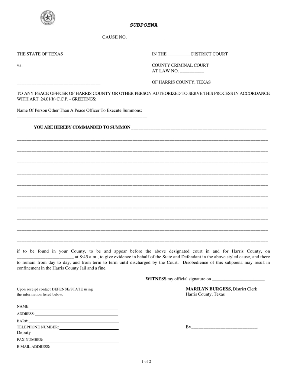 Harris County, Texas Subpoena (Criminal) Download Fillable PDF