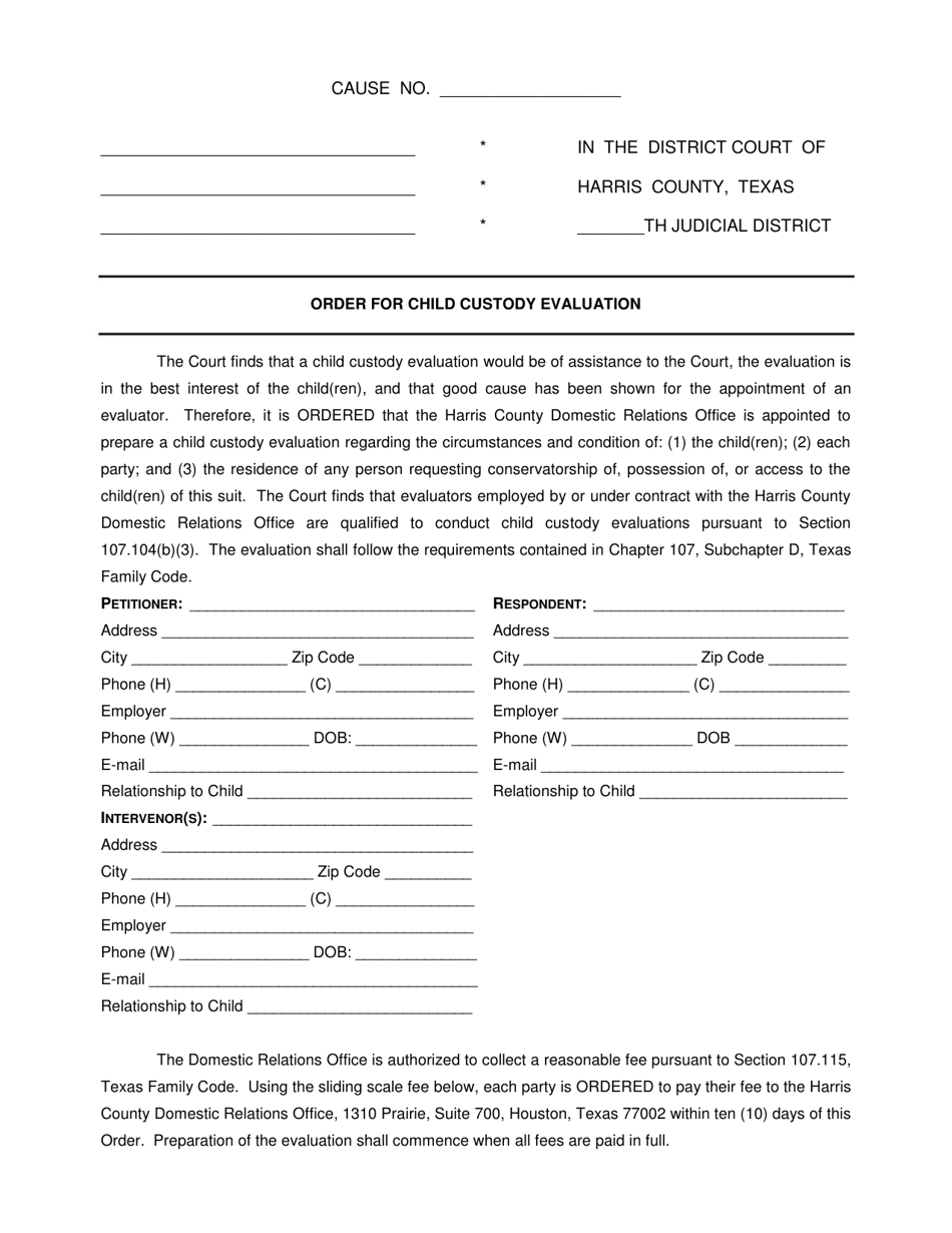 Order for Child Custody Evaluation - Harris County, Texas, Page 1