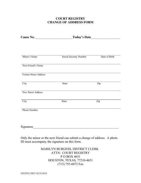 Change of Address Form - Court Registry - Harris County, Texas Download Pdf