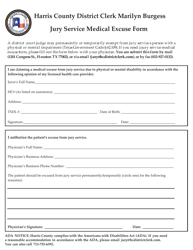Document preview: Jury Service Medical Excuse Form - Harris County, Texas
