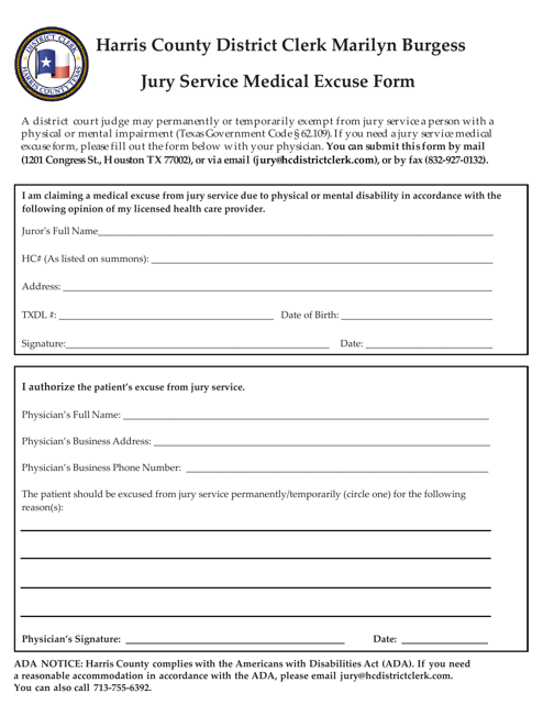Jury Service Medical Excuse Form - Harris County, Texas Download Pdf