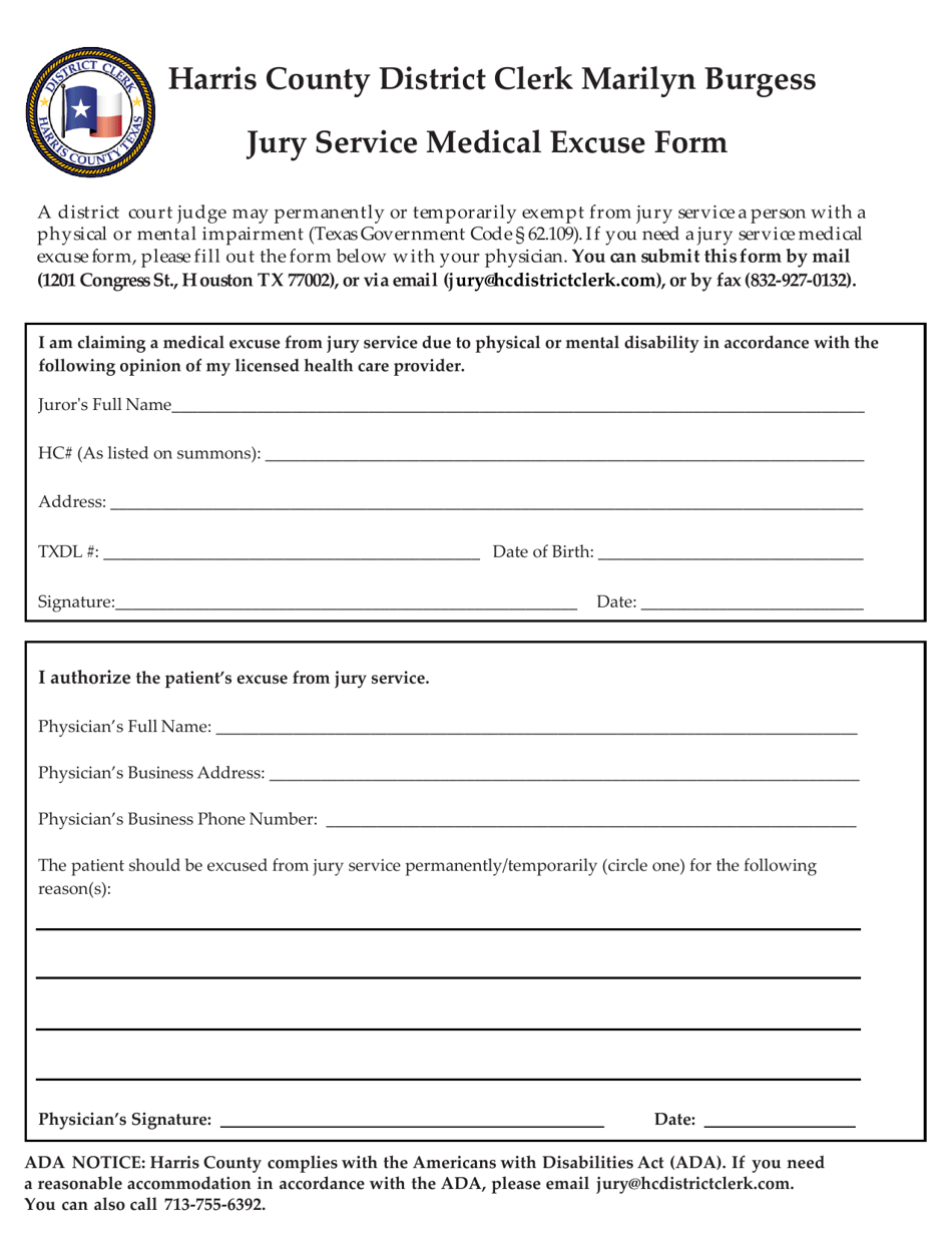Jury Service Medical Excuse Form - Harris County, Texas, Page 1
