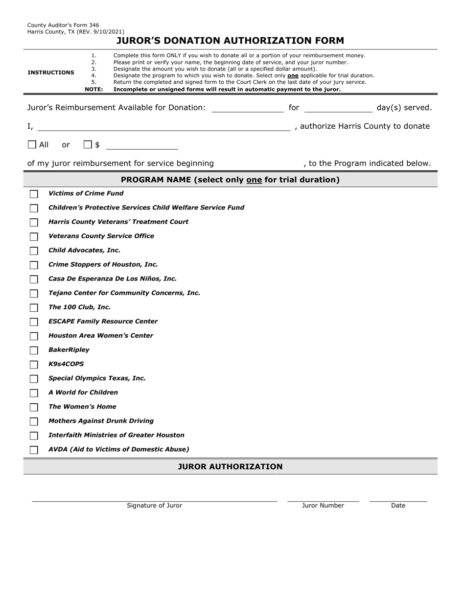 Form 346 Jurors Donation Authorization Form - Harris County, Texas, Page 1