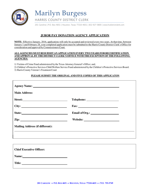 Document preview: Juror Pay Donation Agency Application - Harris County, Texas