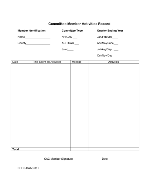 Form DHHS-DAAS-001 Committee Member Activities Record - North Carolina