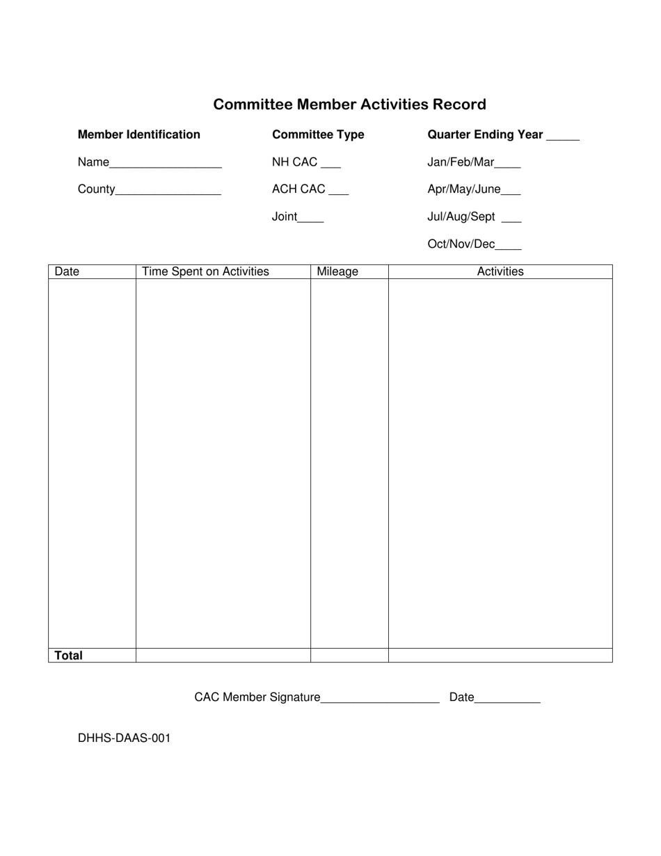 Form DHHS-DAAS-001 Committee Member Activities Record - North Carolina, Page 1