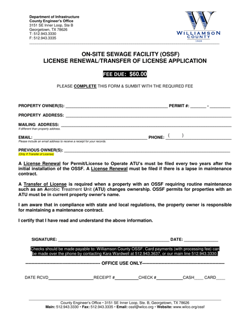 On-Site Sewage Facility (Ossf) License Renewal / Transfer of License Application - Williamson County, Texas Download Pdf
