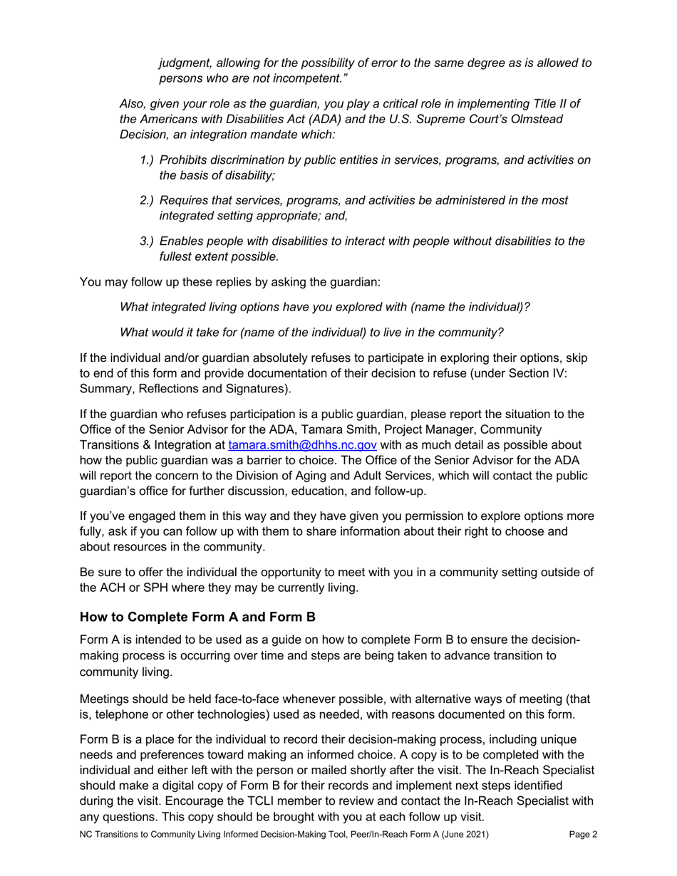 Peer / In-Reach Form A North Carolina Transitions to Community Living Initiative Informed Decision-Making Tool - North Carolina, Page 2