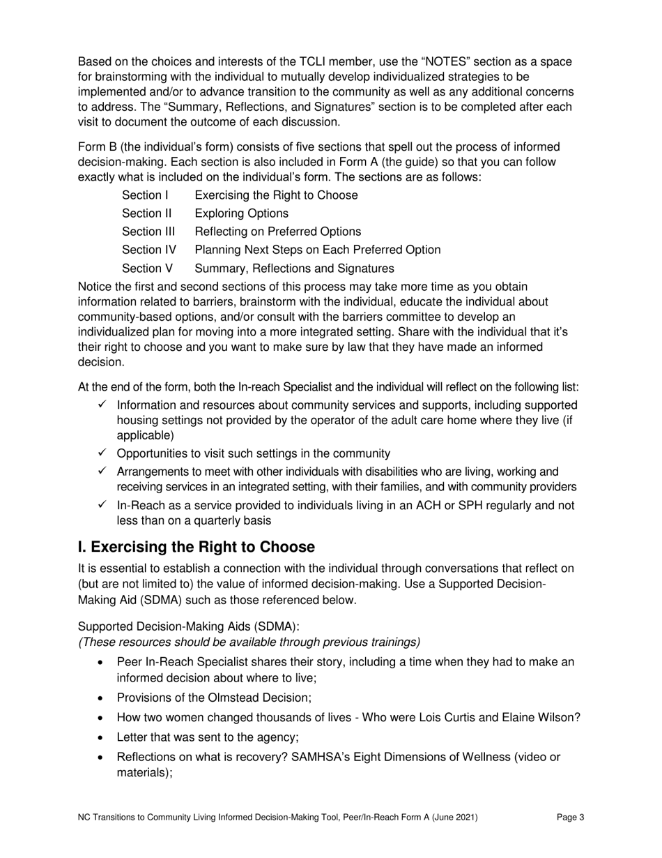Peer / In-Reach Form A North Carolina Transitions to Community Living Initiative Informed Decision-Making Tool - North Carolina, Page 3