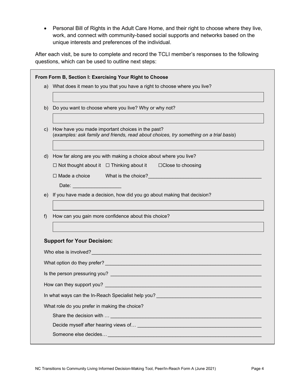 Peer / In-Reach Form A North Carolina Transitions to Community Living Initiative Informed Decision-Making Tool - North Carolina, Page 4