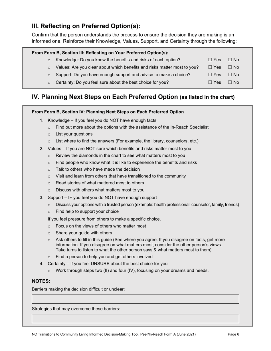 Peer / In-Reach Form A North Carolina Transitions to Community Living Initiative Informed Decision-Making Tool - North Carolina, Page 6