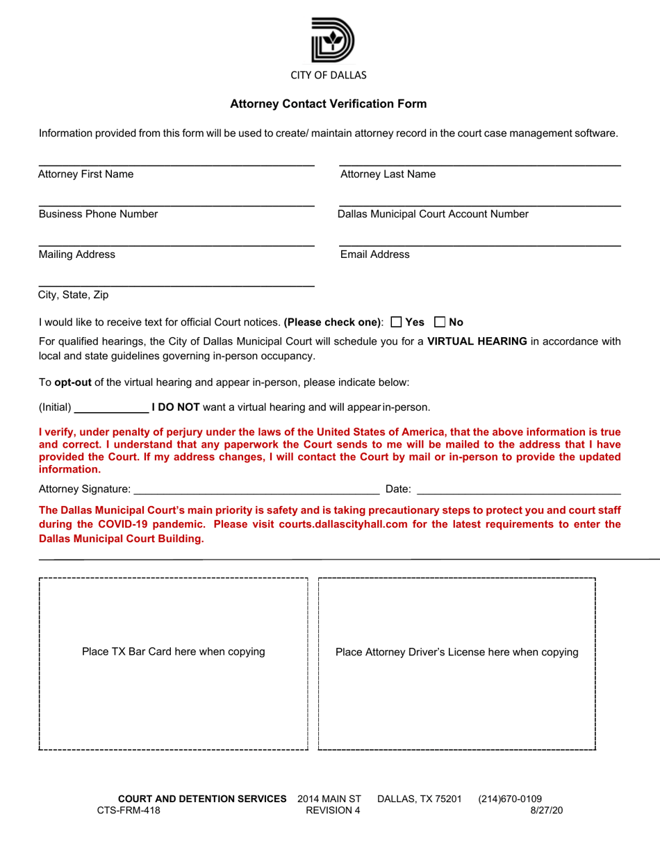 Form CTS-FRM-418 Attorney Contact Verification Form - City of Dallas, Texas, Page 1