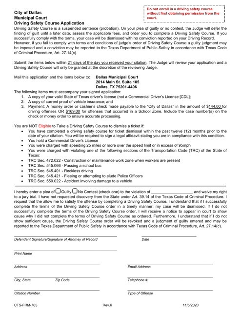 Form CTS-FRM-765 Driving Safety Course Application - City of Dallas, Texas