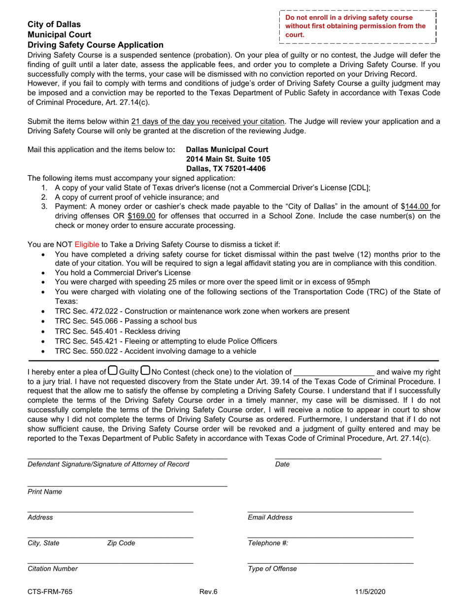 Form CTS-FRM-765 Driving Safety Course Application - City of Dallas, Texas, Page 1