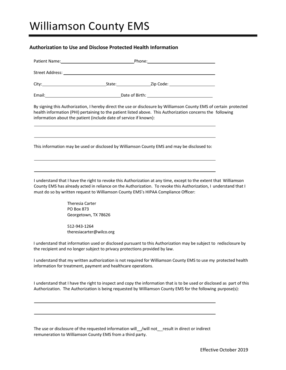 Authorization to Use and Disclose Protected Health Information - Williamson County, Texas, Page 1