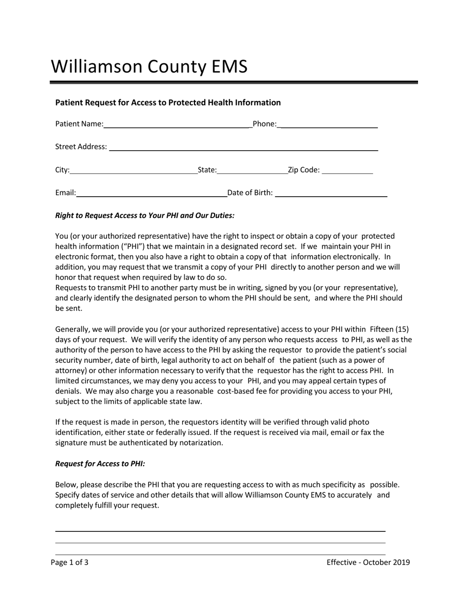 Patient Request for Access to Protected Health Information - Williamson County, Texas, Page 1