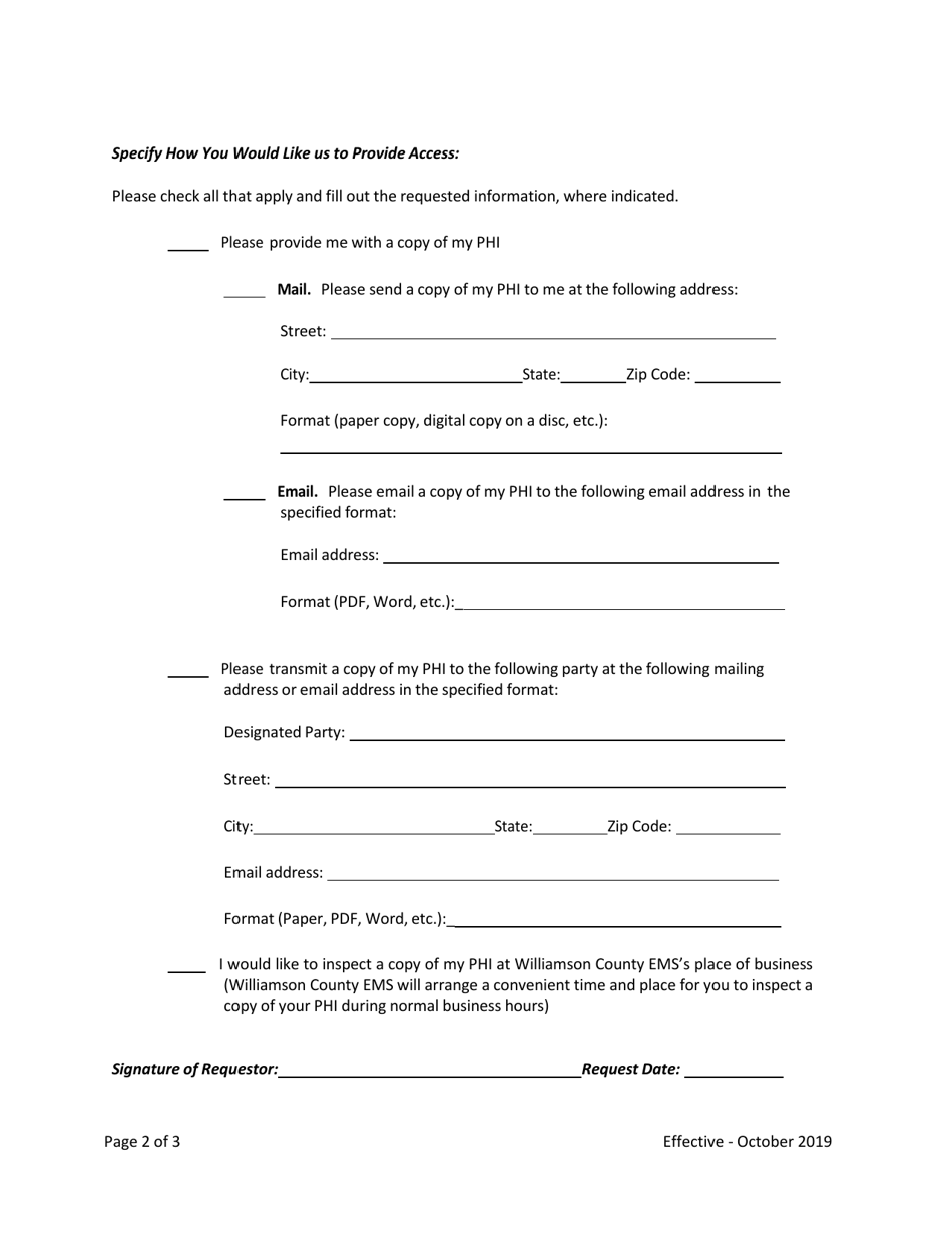 Patient Request for Access to Protected Health Information - Williamson County, Texas, Page 2