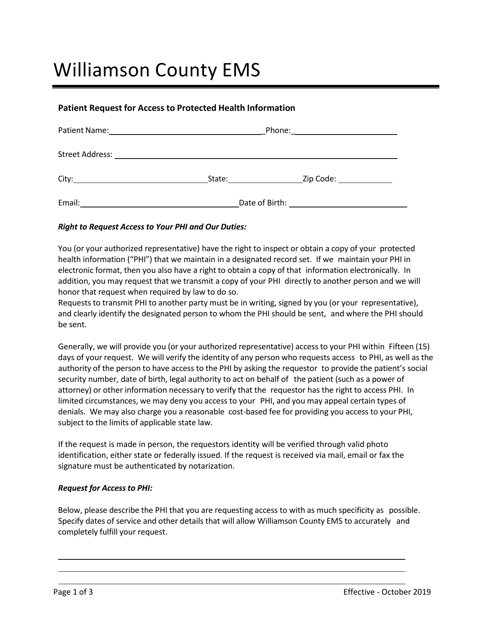 Patient Request for Access to Protected Health Information - Williamson County, Texas Download Pdf
