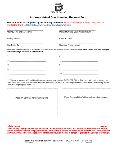 Form CTS-FRM-262 Attorney Virtual Court Hearing Request Form - City of Dallas, Texas
