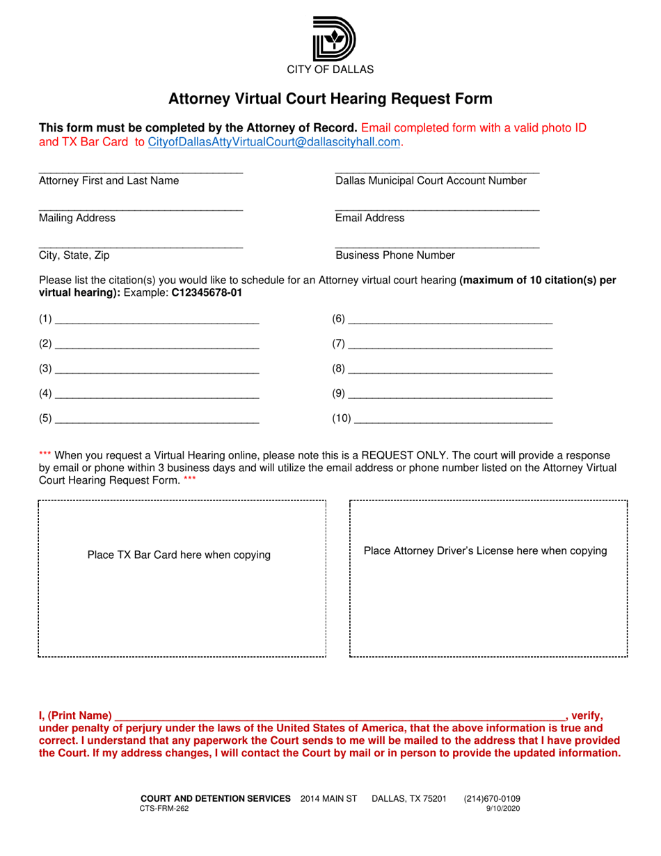 Form CTS-FRM-262 Attorney Virtual Court Hearing Request Form - City of Dallas, Texas, Page 1