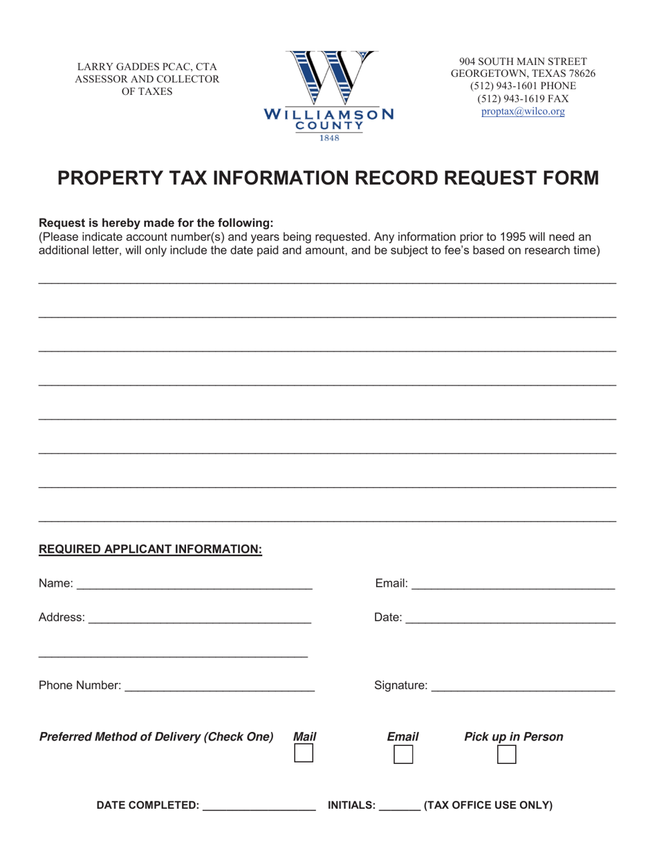 Property Tax Information Record Request Form - Williamson County, Texas, Page 1