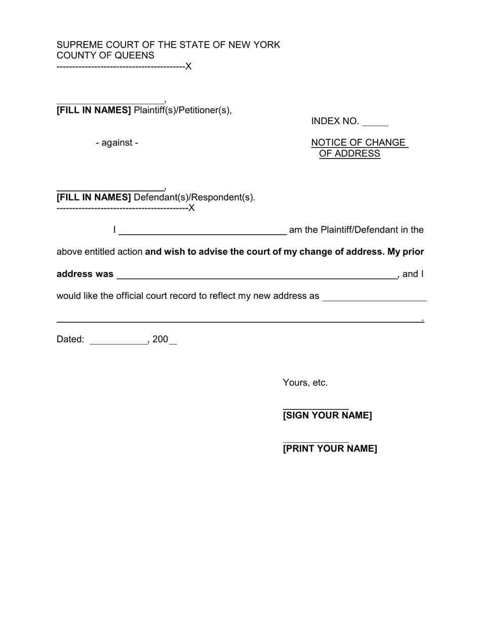 Queens County, New York Notice of Change of Address Fill Out, Sign